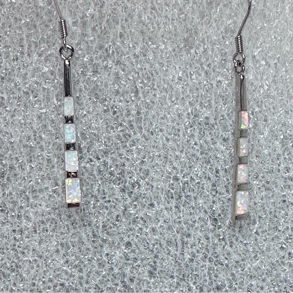 Polished Sterling Silver 925 Opal Inlay Drop Earrings Iridescent Tapered Dangle - Picture 10 of 10